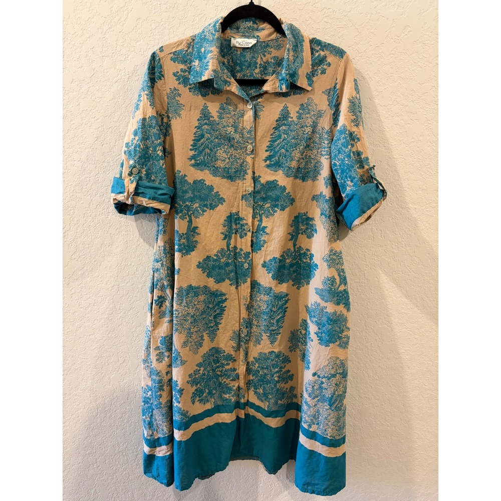 By Coco Italy Cotton Toile Tree Print Shirt Dress Teal Tan Roll Tab Sleeve Midi